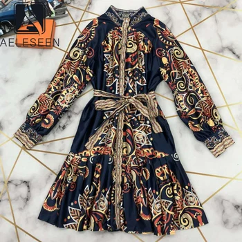 

AELESEEN Vintage Women Mini Dress Runway Long Latern Sleeve Summer Autumn Dress Belt Flower Print Party Holiday Casual Dress