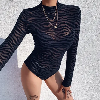 Black Mesh Transparent Sexy Bodysuit Long Sleeve Slim Skinny Stripe Mock Neck Casual Rompers Women Lady Party Club Body 1