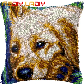

Latch Hook Cushion Puppy Dog Pre-Printed Canvas Cushion Front Acrylic Yarn Crochet Pillow Case Kits Sofa Bed Pillows Home Decor