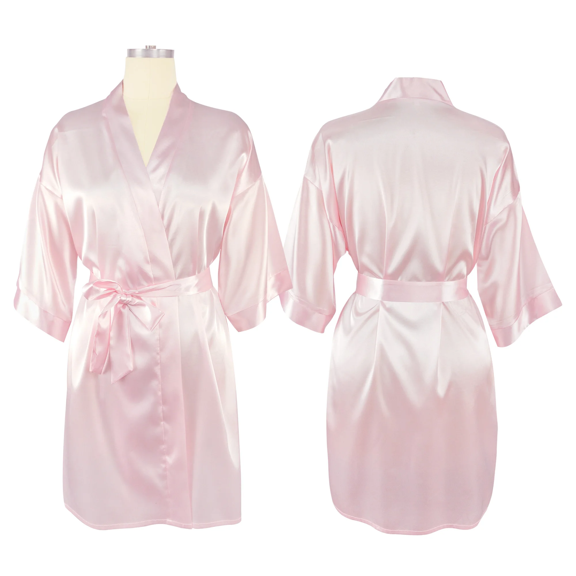 2020 New Sexy Satin Robes Pure Pink Sleepwear Short Blank Kimono ...