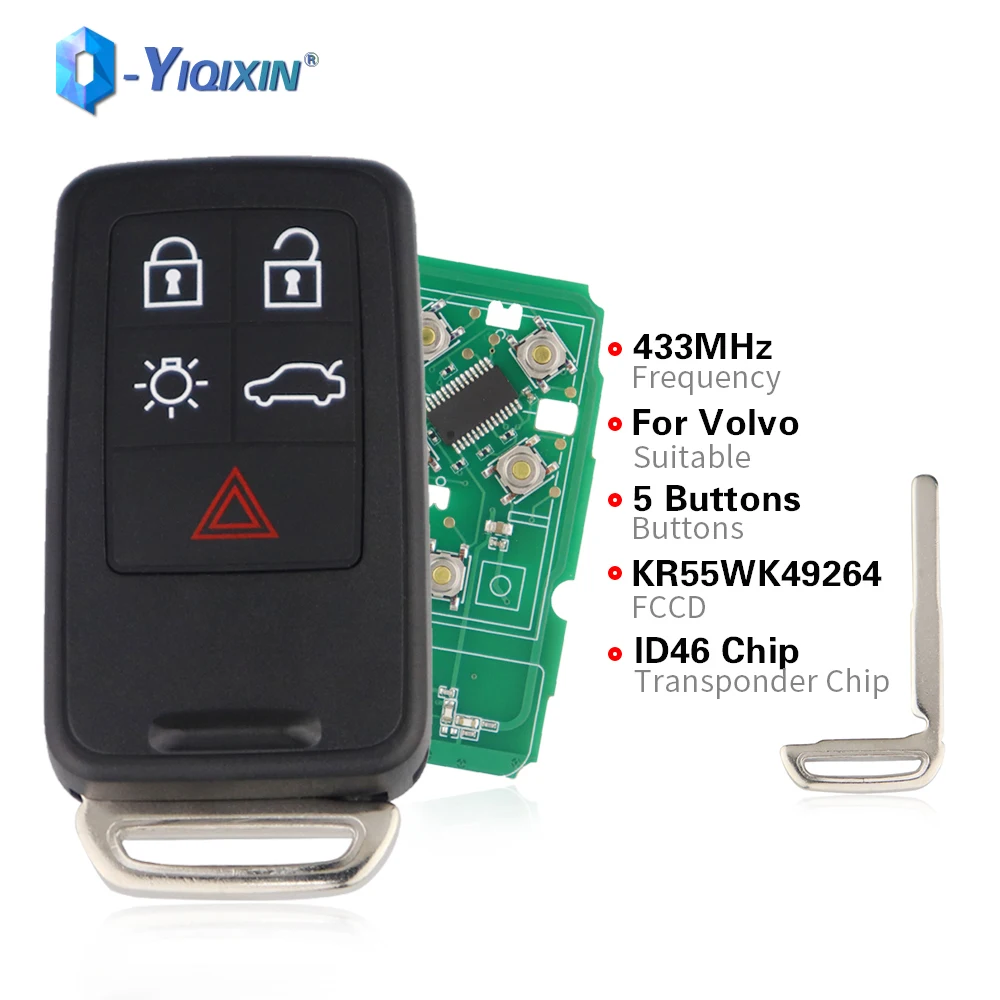 

YIQIXIN FSK 5 Buttons For Volvo V40 V60 S80 XC70 XC60 S60 S60L KYDZ 433Mhz Smart Fob Remote Car Key ID46 7953 Chip KR55WK49264