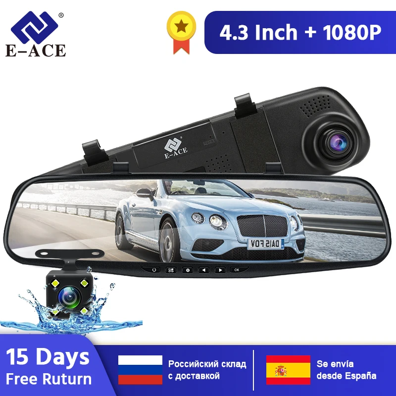 E-ACE Автомобильная Dvr камера FHD 1080P Dash Cam 4,3 дюймов зеркало заднего вида видео регистратор с камерой заднего вида видеокамера Авто Регистратор