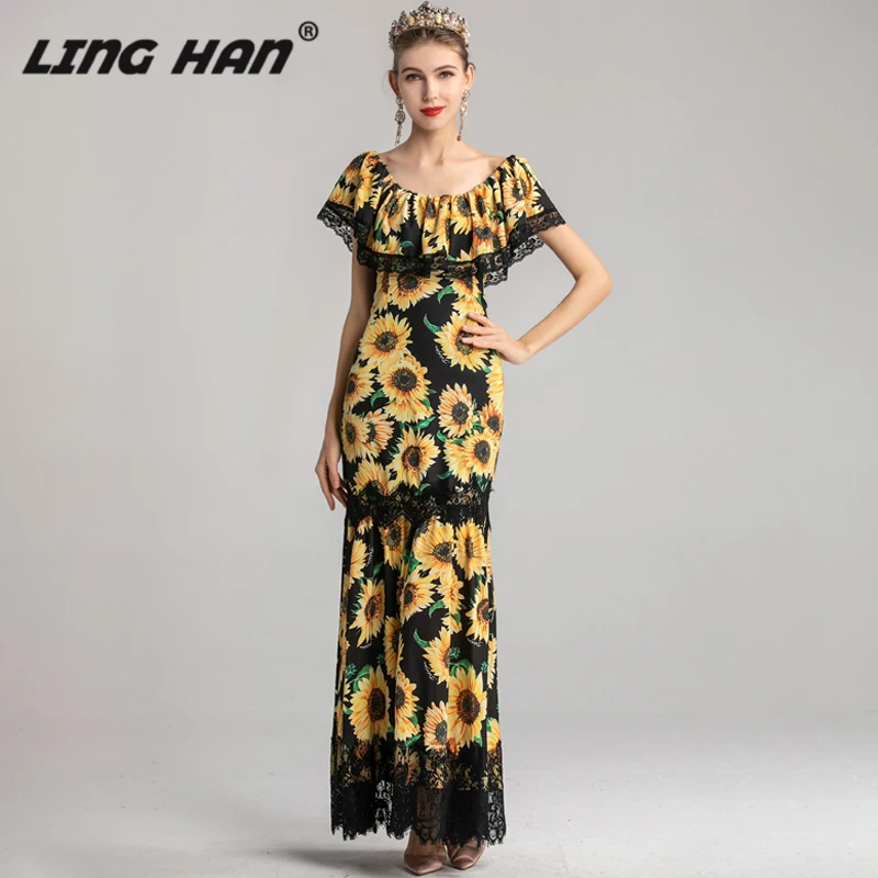 

LINGHAN Vintage Sunflower Print Sleeveless Lace Maxi Dress Women Elegant Holiday Party Dresses Designer Spring Summer New