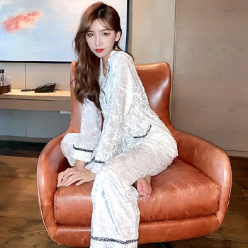 

Wmyqdlq Pajamas Women's Autumn And Winter Pajama New Gold Velvet Lace Lapel Cardigan Home Service Pijamas Feminine Pyjama Suit