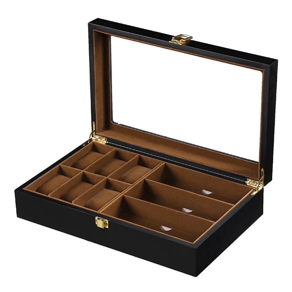 

6 Slots Watch Box Jewelry Organizer Lockable, Holds 3 Pairs Sunglass Display Case