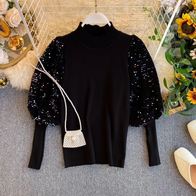 High Quality 2020 Spring Autumn Korea Fashion Women Casual Slim O-Neck Puff Sleeve Sequined Pullover Knitted Sweater H159 | Женская
