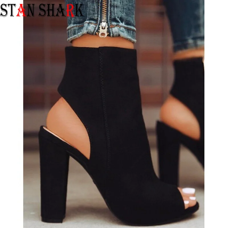 Botines de piel sintética para mujer, botas informales abiertas con punta  abierta, tacones altos con cremallera, zapatos cuadrados de goma a la moda,  color negro, talla grande 43|Botas hasta el tobillo| -