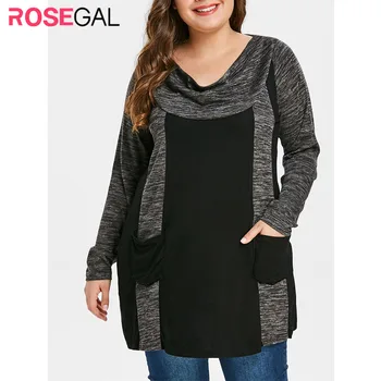 

ROSEGAL Plus Size Contrast T-Shirt Women Casual Cowl Neck Long Sleeve Double Pocket T Shirt Female Clothing Big Size Ladies Tops