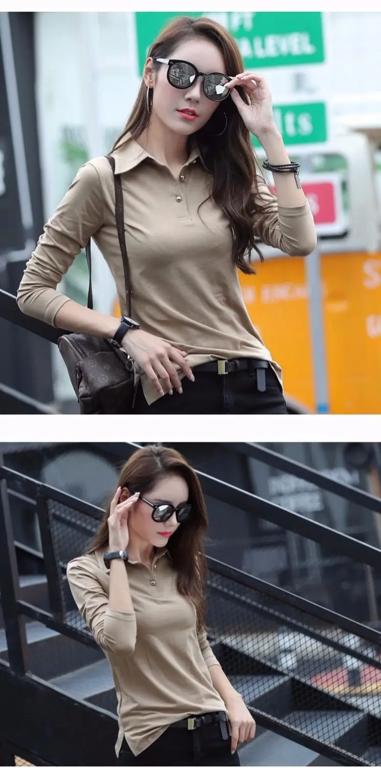 Осень, новинка, Корейская хлопковая футболка с длинным рукавом, женский топ с отворотом, тонкий джемпер для женщин