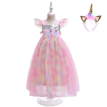 

Unicorn Dress Kids Flying Sleeves Rainbow Princess Robe Summer Birthday Party Toddler Baby Girl Clothes Vestido With Headband