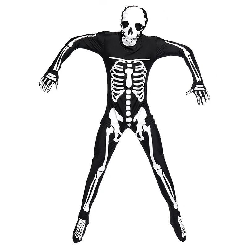 Mens Skeleton Skin Suit Halloween Fancy Dress Costume Jumpsuit One Piece Black
