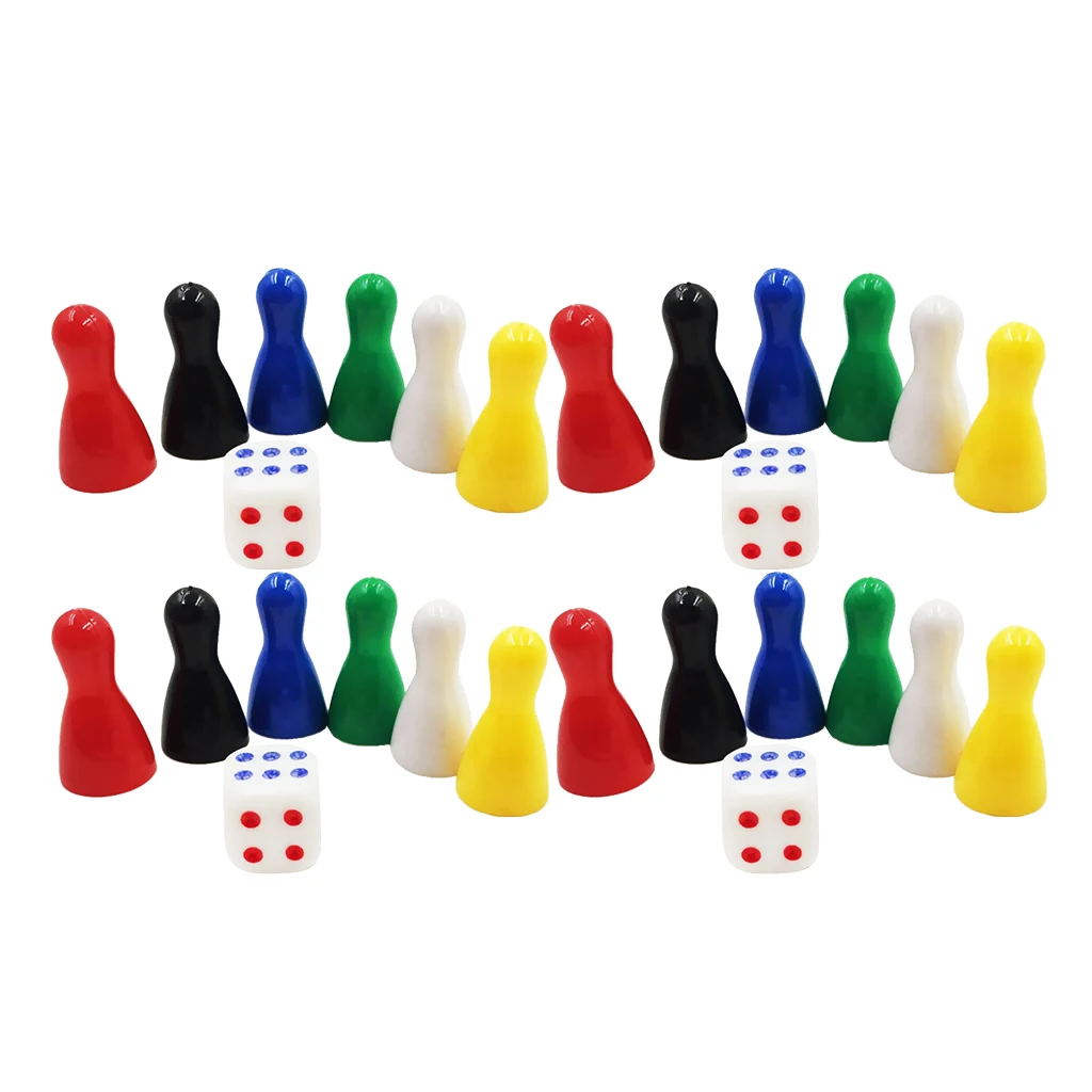 24x Plastic Chess Pieces with 4x Dice, Replacement Chessmen Figure Figurine Pawns, Strategy Board Games - Six Colors