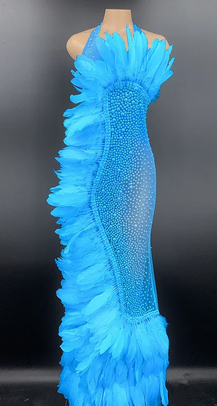 Elegant White Blue Feather See Through Wedding