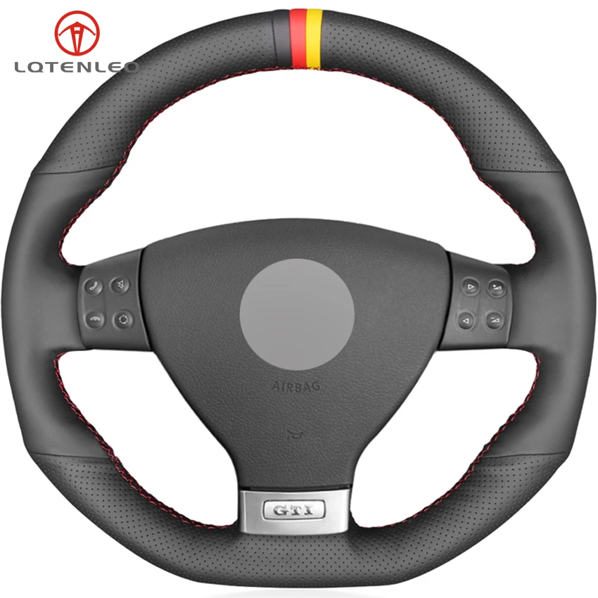 Lqtenleo Black Leather Diy Handstitched Car Steering Wheel Cover For