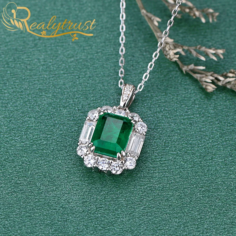 

Realytrust 7*9mm Luxury Colombia Emerald Pendant Necklace for Women Solid 925 Sterling Silver Charm Pendant Wedding Party Gift