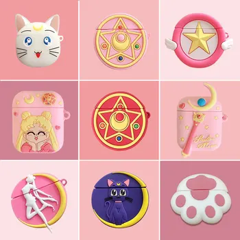 

For AirPods Cases Sailor Moon Luminous Luna Cat Bluetooth Wireless Headphones Charger Box Cover for Airpods 2 Finger Strap