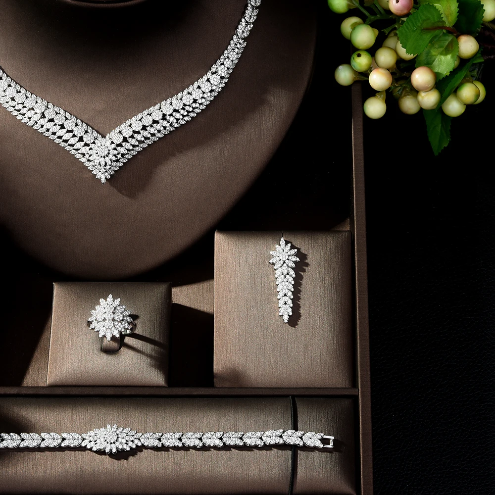 HIBRIDE White Gold Color Leaf Flower African Cubic Zirconia Big Luxury Women Party Wedding Bridal Jewelry Set bijoux femme N-271 - Image 3