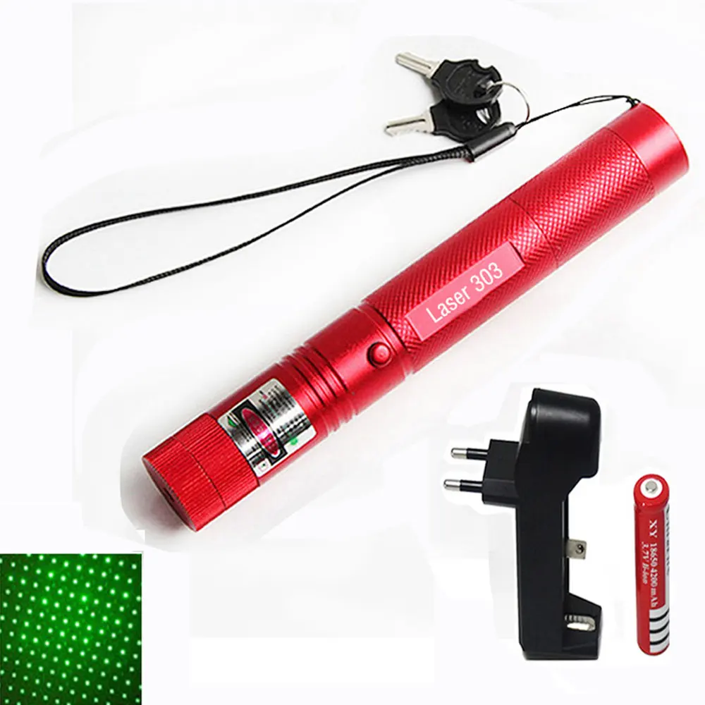 Высокая мощность 5 мВт зеленая лазерная указка 532nm 303 лазерная ручка Регулируемая горящая спичка с перезаряжаемой батареей 18650 - Цвет: Красный