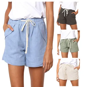 

Fashion Women's Solid Color Shorts Drawstring Elastic Waist Cotton and Linen Casual Shorts