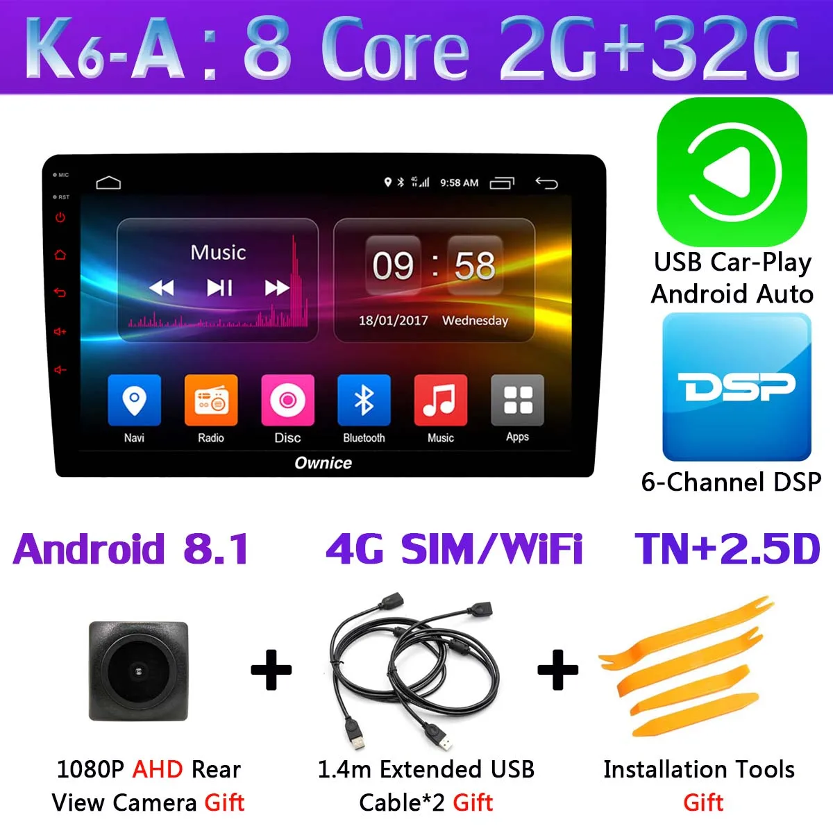 Ownice K6 ультратонкий 1din 4 SIM LTE WiFi 8 ядер Android 8,1 4 Гб+ 64 ГБ Автомобильный мультимедийный плеер радио gps навигация SPDIF DSP CarPlay - Цвет: K6-A-CarPlay