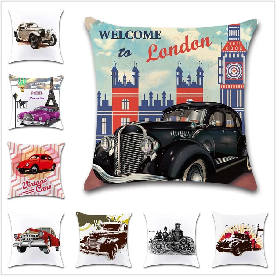 buy Vintage cars Retro pattern white Cushion Cover Decoration Home sofa chair car seat Decor friend kids bedroom gift pillowcase
