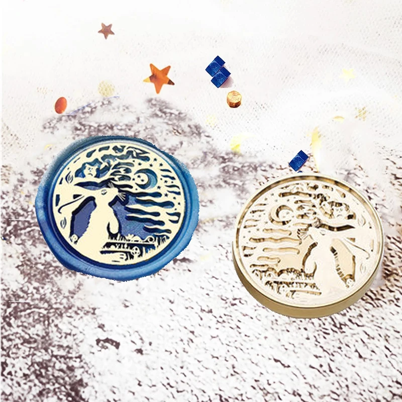 

WYSE Star Moon Sellos Rabbit Wax Seal / Wax Stamps Envelope Sealling Stamps for DIY Wedding Invitation Copper Head Wood Handle