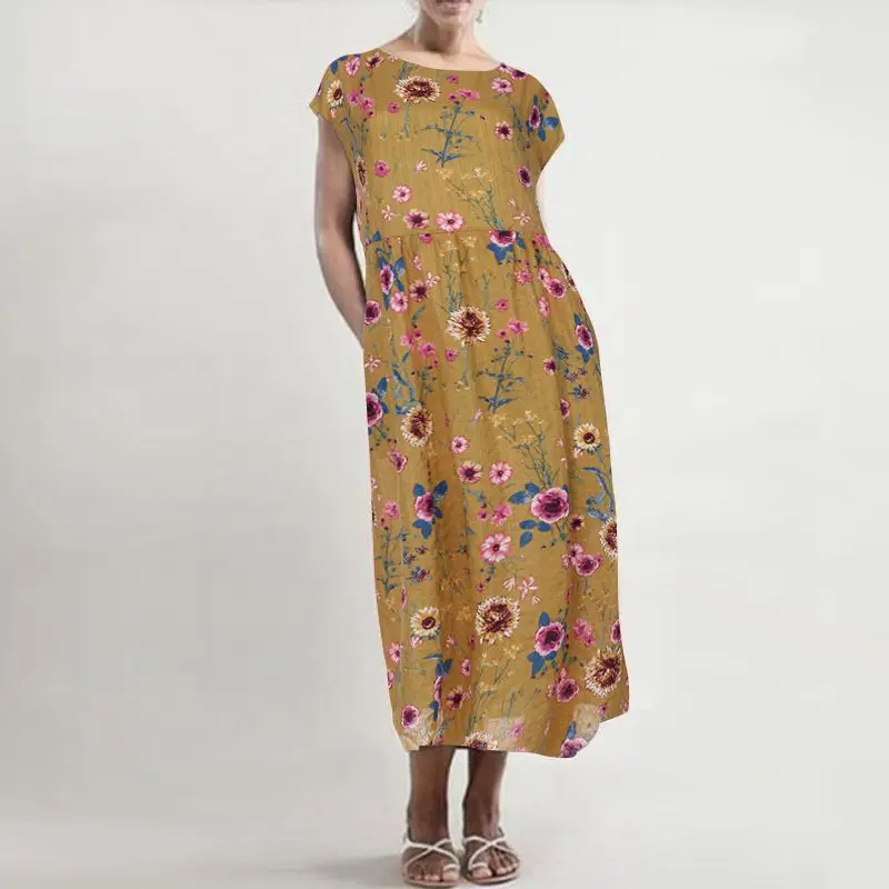 Богемный халат в цветочек женский сарафан с принтом г. ZANZEA Kaftan летнее платье до середины икры женское Повседневное платье с коротким рукавом Vestidos S-5XL