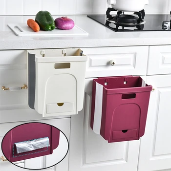 

Wall Mounted Folding Waste Bin Kitchen Cabinet Door Hanging Trash Bin Garbage Car Trash Can Wall Mounted Foldable Cleaning