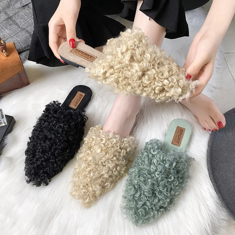 

Cover Toe Women's Slippers 2019 Luxury Slides Pokemon Plush Shoes New Designer Fur Flat Pointed Rome PU Basic Fashion with fur