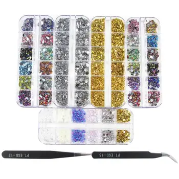 

5Boxes 12 Grid Mixed Nail Art Decoration Rhinestone Faux Pearl Manicure Tools