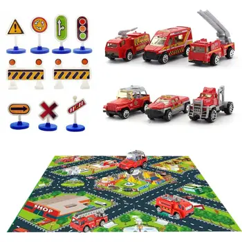

1 Set Alloy Fire Truck Toys with Play Mat 9 Mini Road Signs Car Vehicle Fire Rescue Parent-Children Game Toy