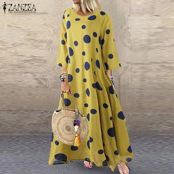 

Vintage Polka Dot Maxi Dress Women's Autumn Sundress 2020 ZANZEA Casual 3/4 Sleeve Cotton Vestidos Female Printed Robe Plus Size