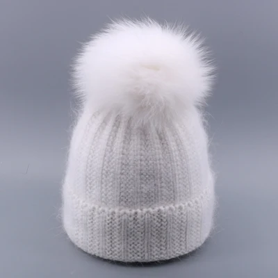 Зимняя вязаная женская шапка Skullies, винтажная яркая шелковая шапка с кроличьим мехом, шапка с помпоном из натурального Лисьего меха, теплые лыжные шапки Gorro для девочек - Цвет: White - Fox Pompom