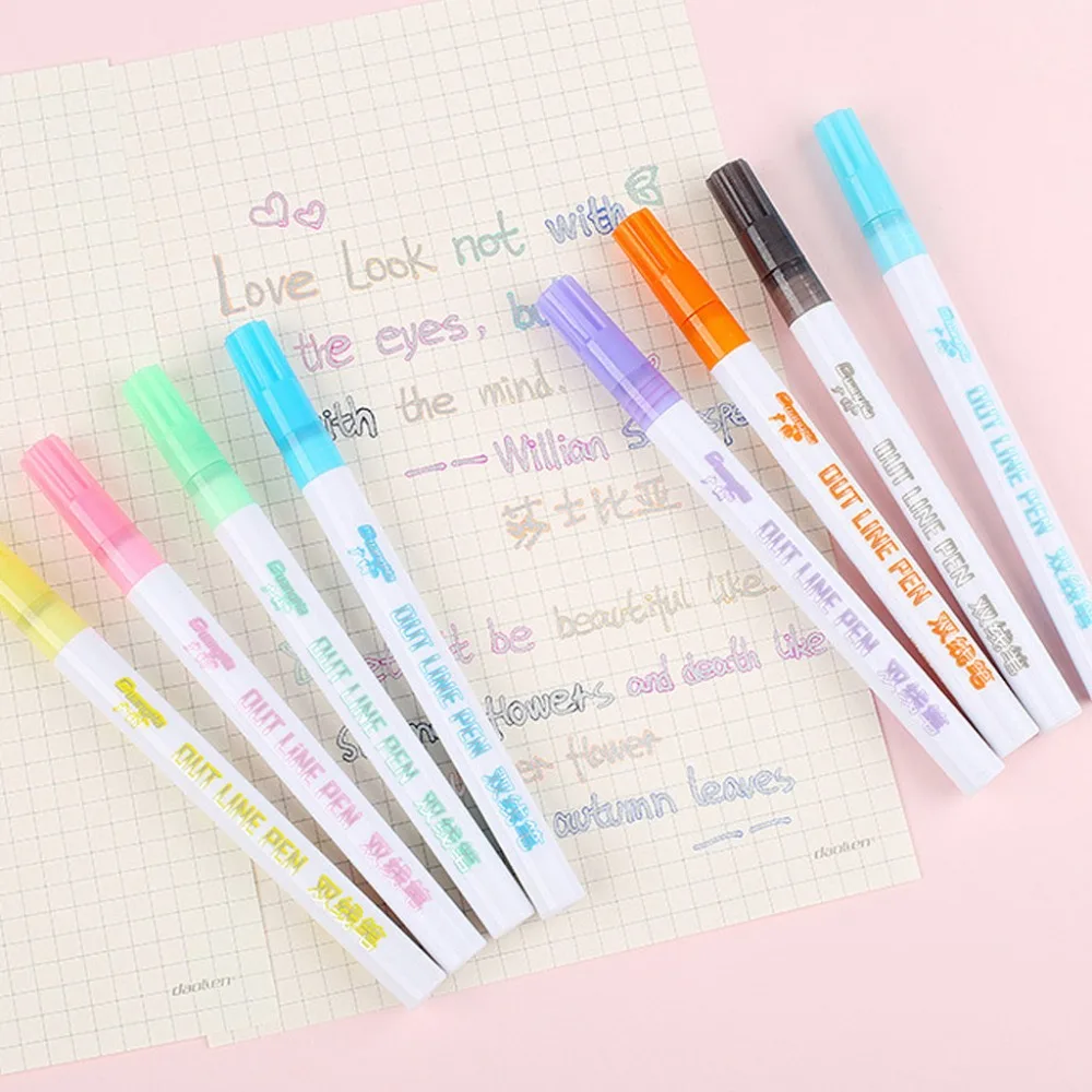 Colored Ink Pen Coloured Markers Textas Gift Card Writing and Drawing Double Line Outline Pen 8 Color for Child Painting diy #4  (5)