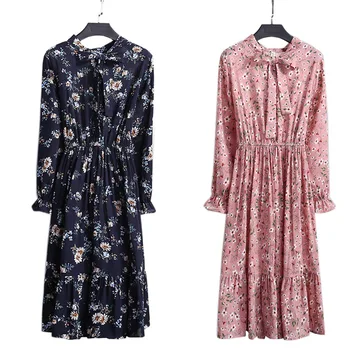 

Long Sleeve Tight Waist Fashion Spring Autumn Dress Elegant Women Floral Dress Chiffon Casual Bow Tie Neck A Line Print Dresses