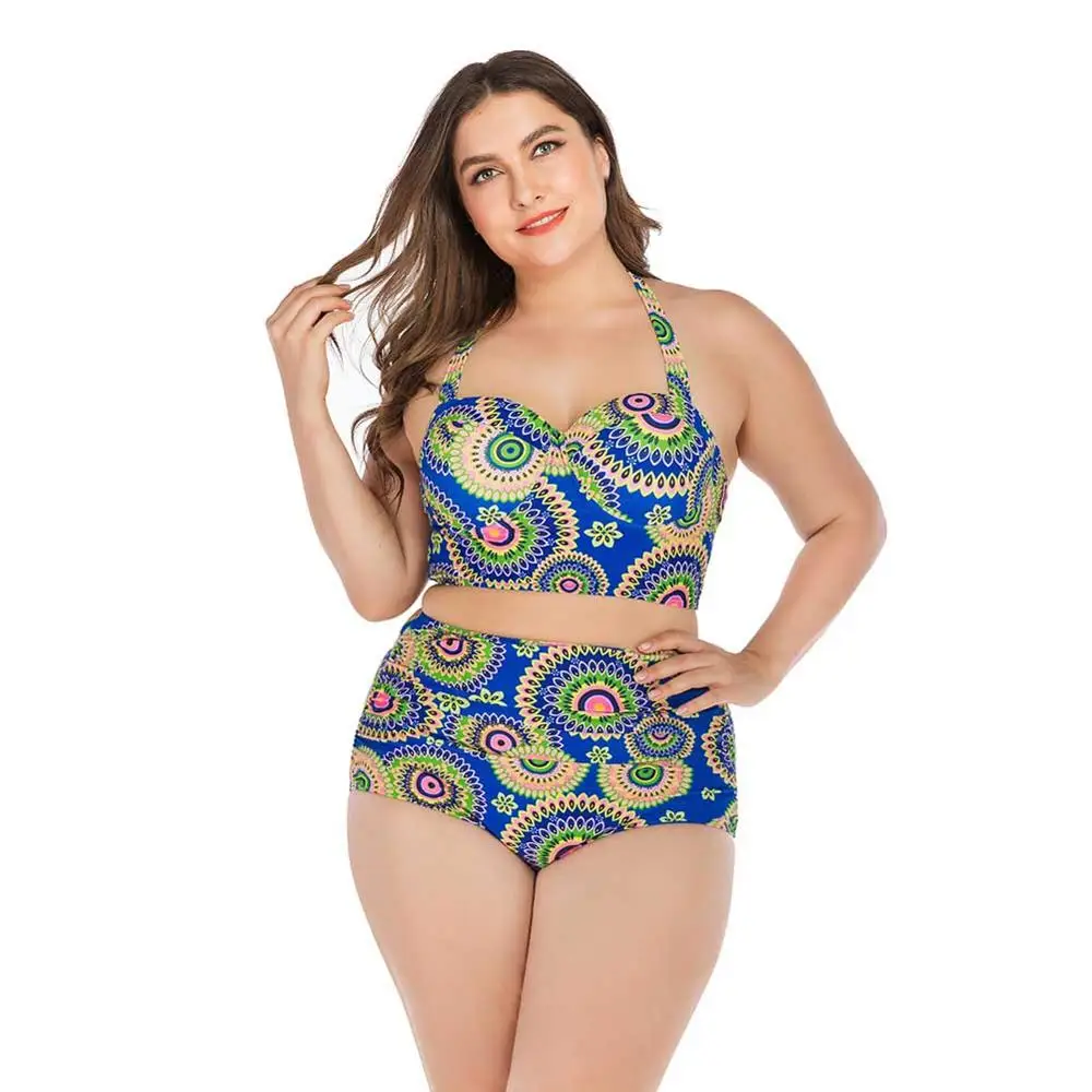 

Women Tankini Printed Halter Top High Waist Bikini Swimwear Lady Underwire Padded Bra Plus Size Swimsuit Beach Suit