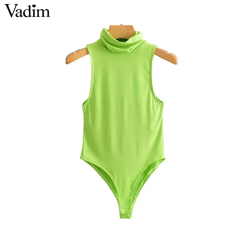 

Vadim women sexy turtleneck bodysuits sleeveless solid stretchy sim fit female basic casual playsuits mujer KB225