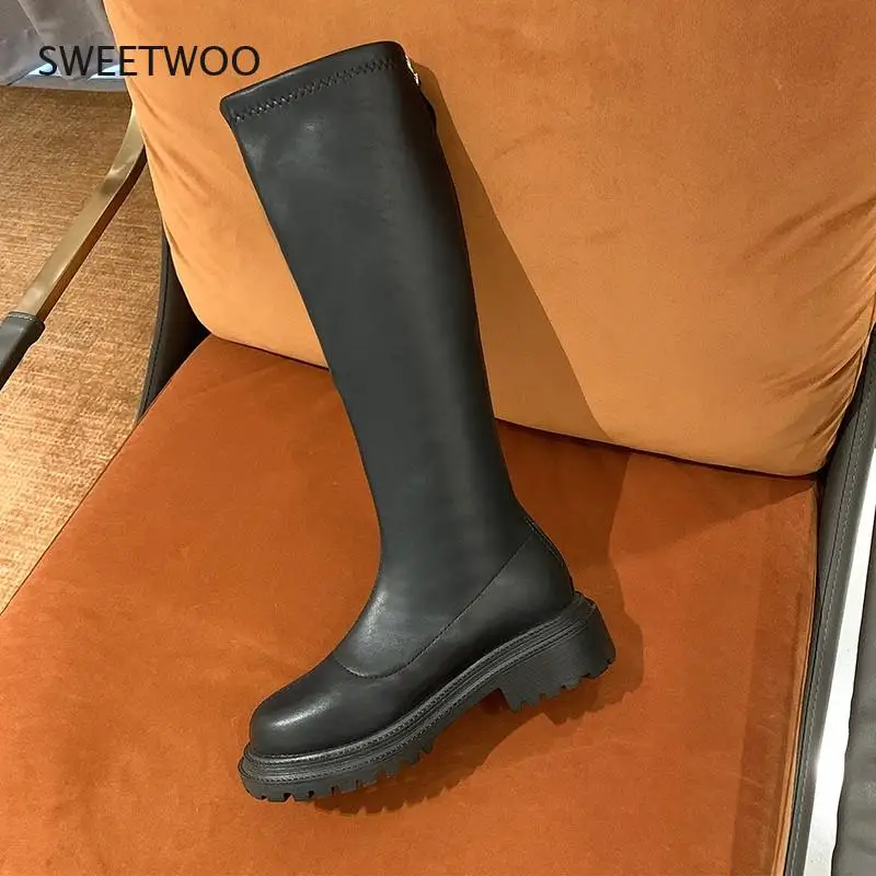 2022 Winter Long Brand Women's Boots Knee High Luxury Chelsea Chunky Platform Shoes Zipper Round Toe