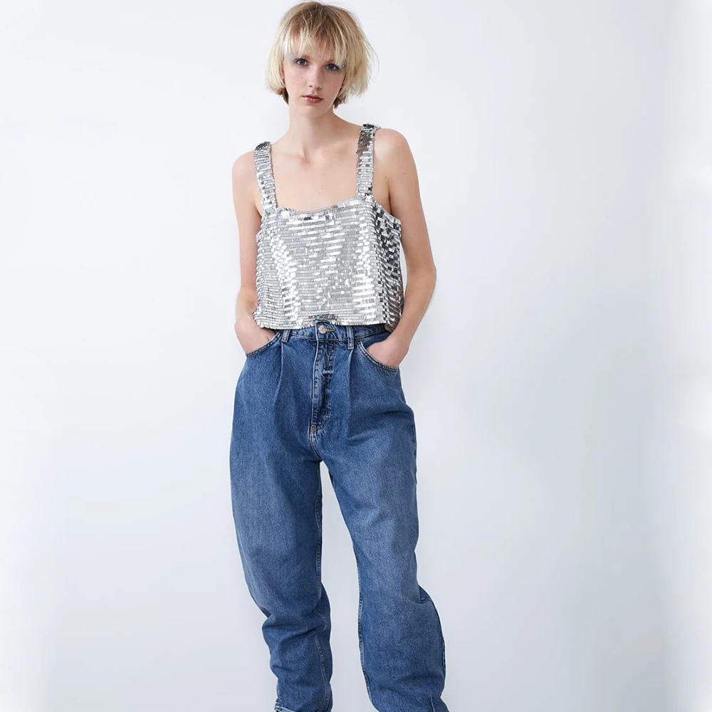 ZA Sequins сексуальный кожаный жилет для женщин модный весенний летний короткий элегантный сексуальный топ для ночного клуба Праздничный Рождественский подарок