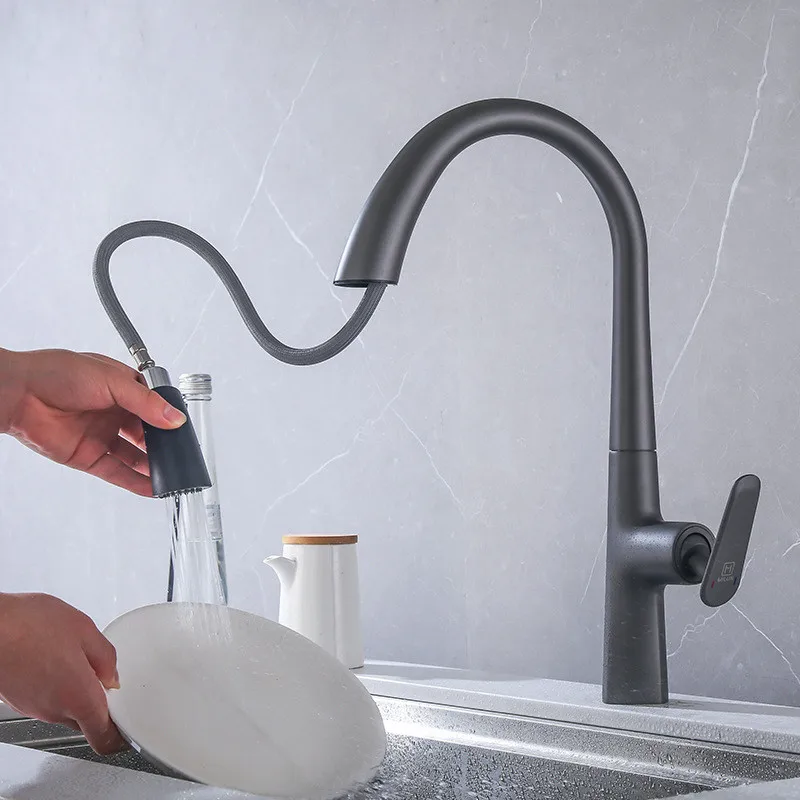 Gri mutfak musluk tek delik Pull Out bacalı mutfak lavabo musluğu musluk  bataryası akış püskürtücü kafa krom/gri musluk bataryası - AliExpress