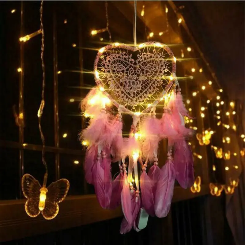 Fancy Dream Catcher With LED String Hollow Hoop Heart Shape Pendant Feathers Handmade Night Light Wall Hanging Home Decor Gift | Дом и сад