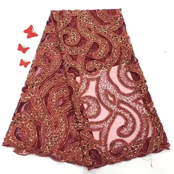 

Latest Design Nigerian Rope French Net Lace Fabric, High Quality Elegant African Tulle lace Sequins Fabric Red Dresses