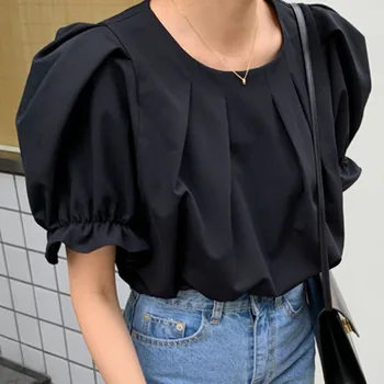 

Korean Women Blouse Puff Sleeve Summer 2020 Chic Pleated Female Tops Shirts Round Neck Loose Janpan Lady Casual Blouse Tops