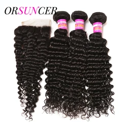 26 28 30 Inch Deep Wave Bundles With Closure Brazilian Remy Human Hair 3+1 Deep Wave Bundles with 4X4 Lace Closure Natural Color
