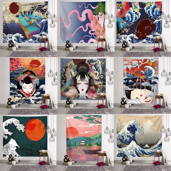

Japanese Kanagawa Waves Printed Hanging Tapestry Whale Arowana Deer Snake Totem Wall Hanging Tapestries Boho Bedspread Blanket