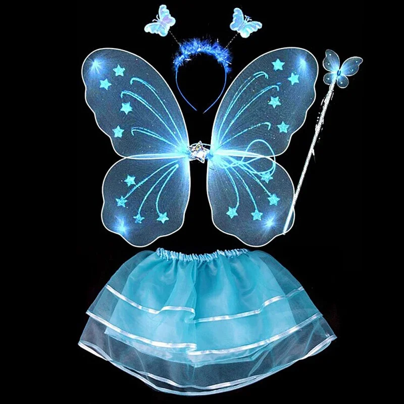 4 шт., детский костюм сказочной принцессы для девочек, комплекты Красочная Одежда для сцены с крыльями бабочки, повязка на голову, юбка-пачка, wd02