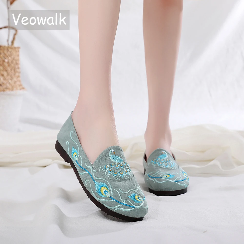Veowalk/Женская обувь в винтажном стиле с вышивкой павлина Женские мягкие хлопковые