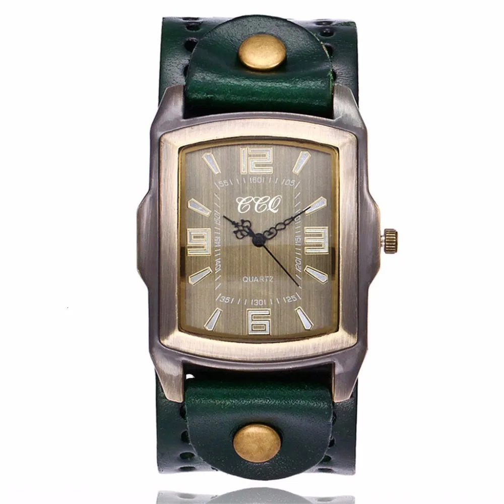 CCQ Брендовые мужские настоящие винтажные кожаные часы повседневные мужские кварцевые часы Relogio Masculino - Цвет: green