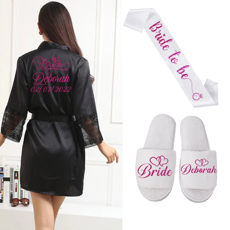 black robe sash shoe Сексуальное Женское ночное белье с кружевными рукавами, пеньюар, свадебное кимоно, шифон, шелк, женские халаты, халаты для невесты, персонализированное имя - Цвет: black robe sash shoe