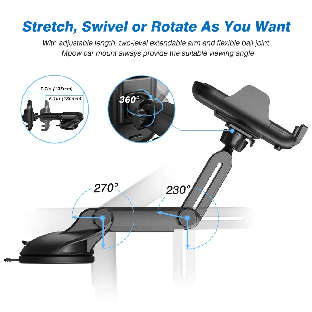 Mpow New CA076 Car Mount Grip Dashboard Adjustable Car Phone Holder Universal Cradle Windshield Holder Stand GPS Car Phone Mount (1)